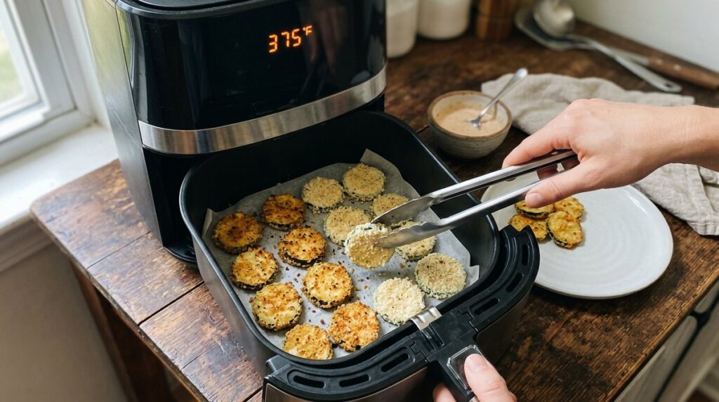 Making air fryer zucchini chips two ways: crispy breaded or simply seasoned