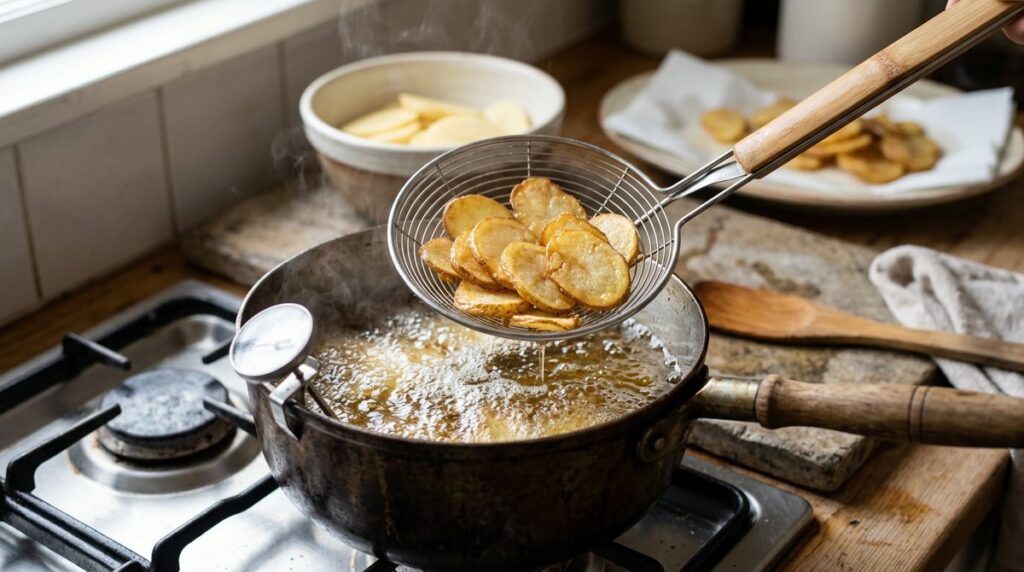 Making classic deep-fried potato chips with sea salt