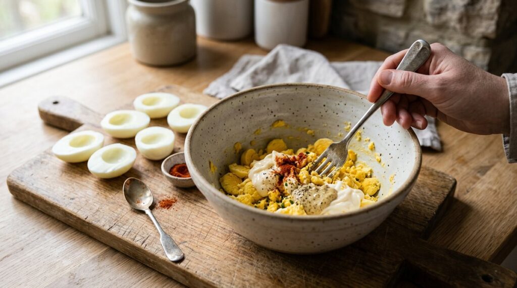 Making classic deviled eggs with smoked paprika