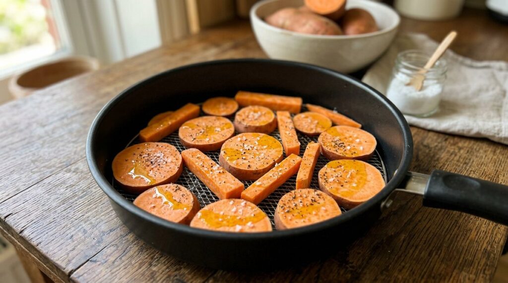Making crispy air fryer sweet potato chips