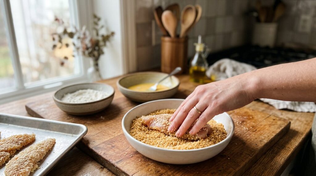 Making crispy chicken tenders with honey mustard sauce