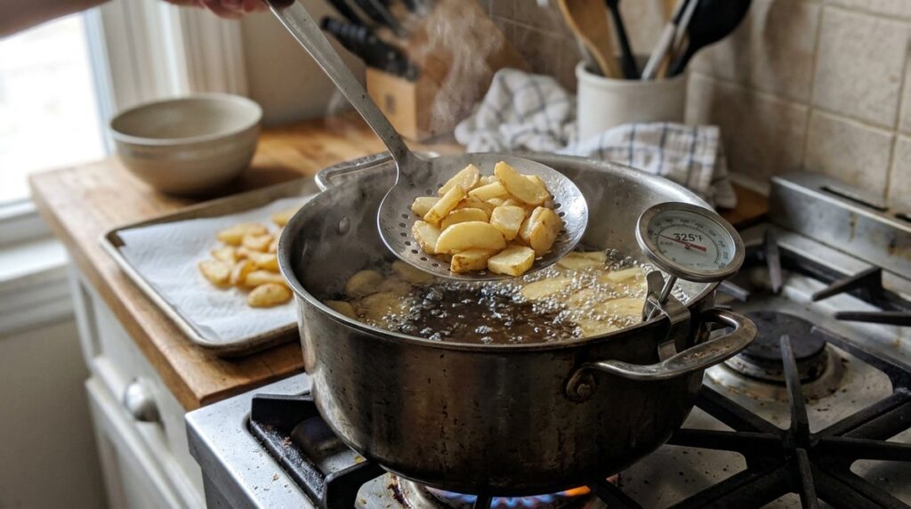 Making double-fried kettle-style potato chips