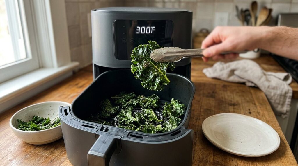 Making air fryer kale chips: crispy, foolproof method
