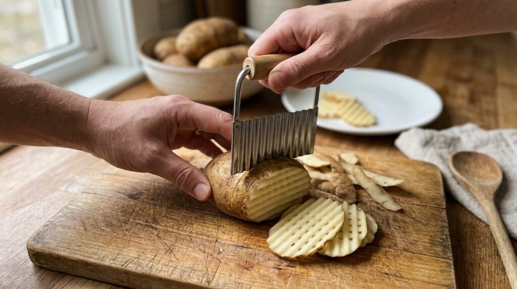 Making homemade waffle-cut potato chips with a crinkle cutter