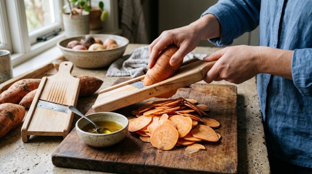 Making smoky chipotle and lime sweet potato chips