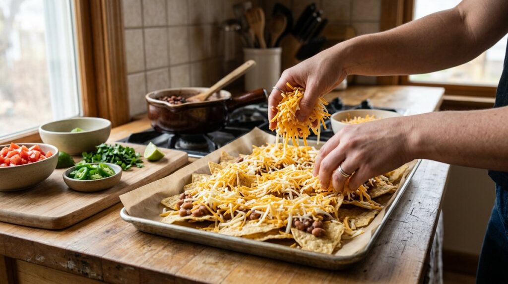 Making ultimate layered loaded nachos