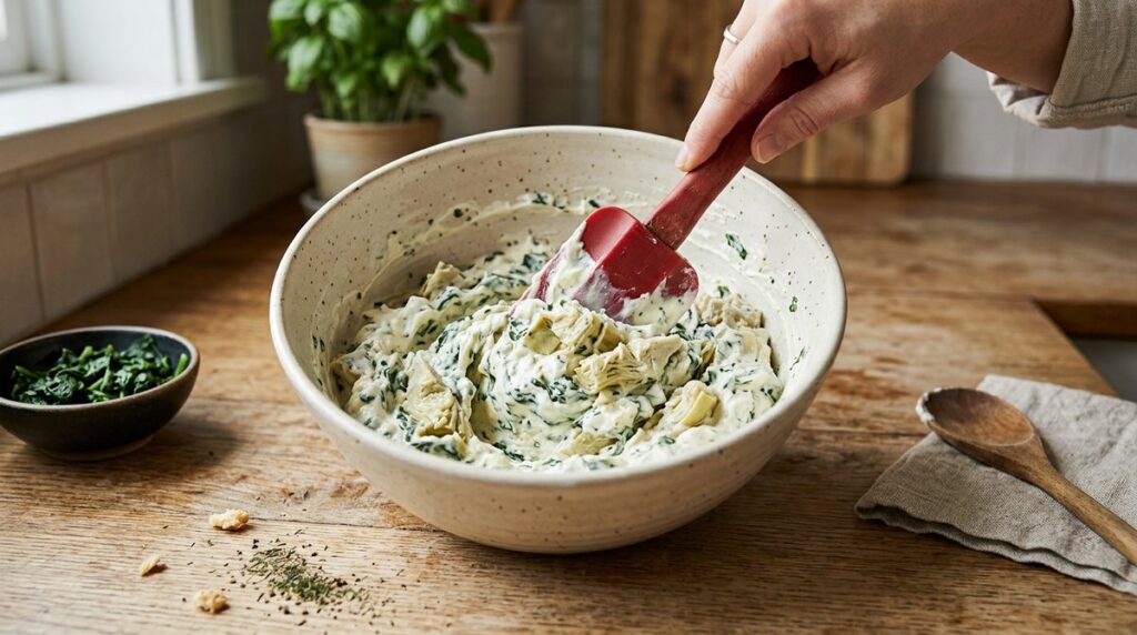 Making warm cheesy spinach and artichoke dip